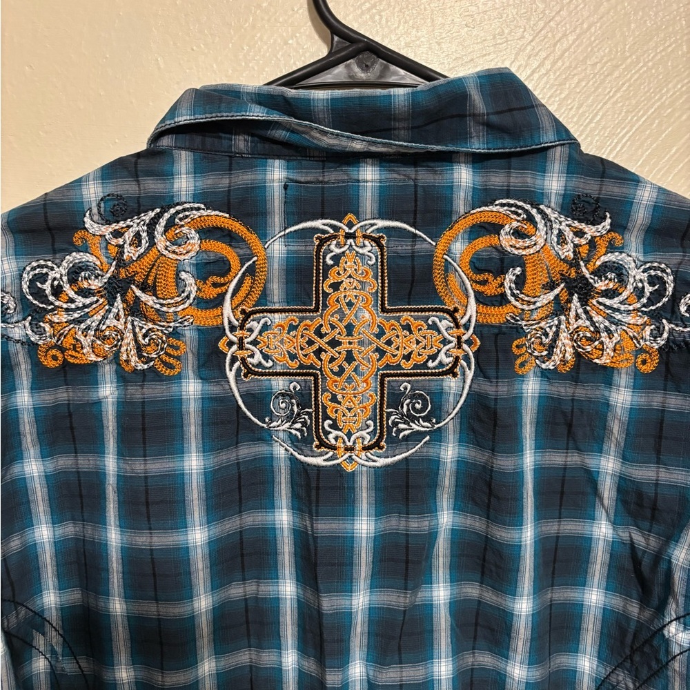 Grace in LA Embroidered Western Plaid Shirt Teal Orange Snap Button Large - Picture 9 of 9